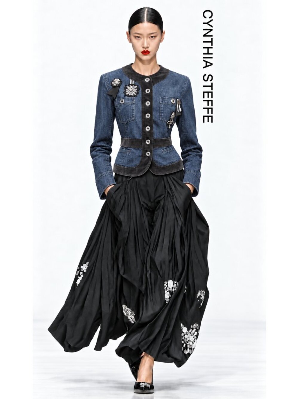 💋STUNNING!💋VTG Cynthia Steffe Steam Punk Denim & Velvet Military Blazer
